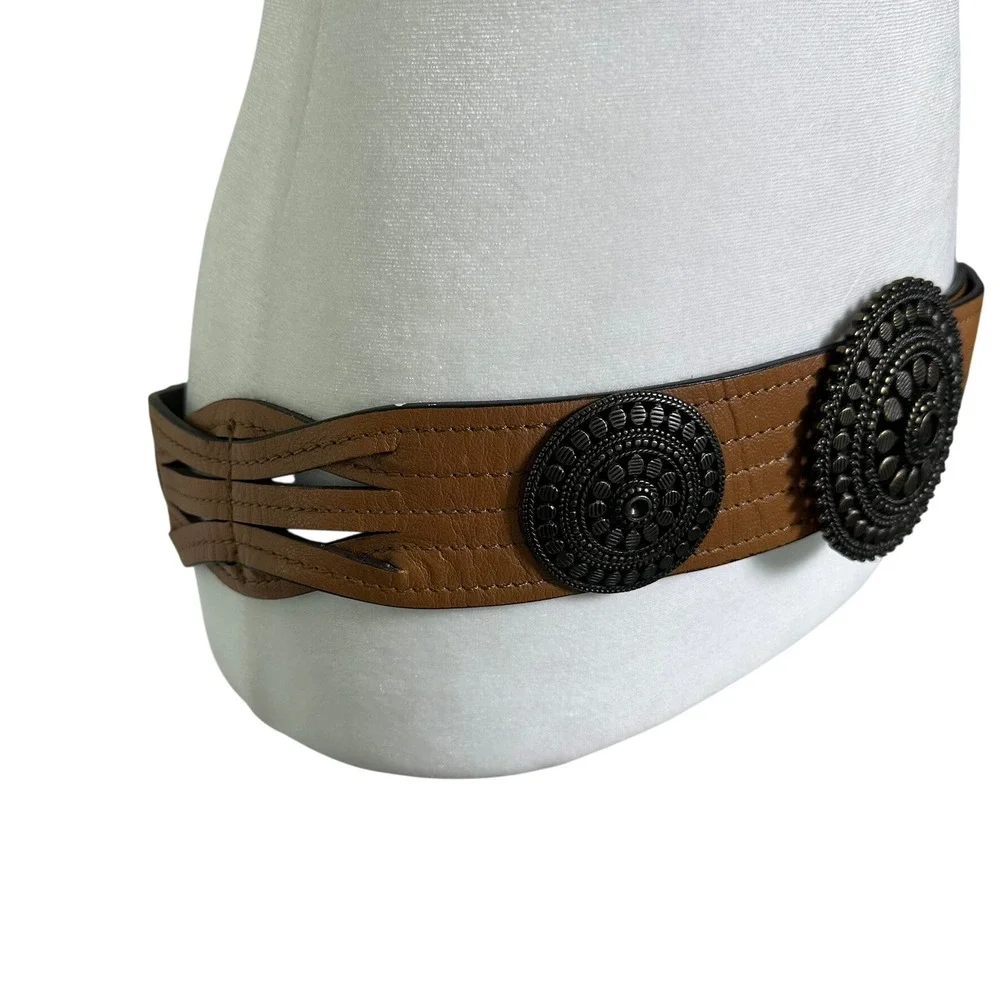 Chico's‎ Brown Leather Medallion Statement Belt Bronze Ornate Boho Wide NEW